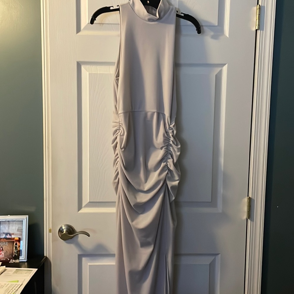 Pale Grey Velvet Tea Length Dress